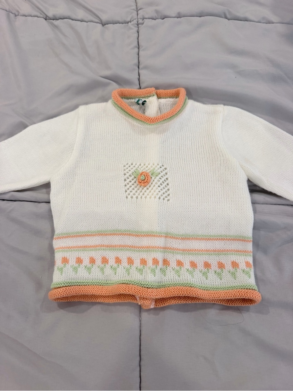 vintage Spumoni white Knit baby Sweater with Orange & Green Trim